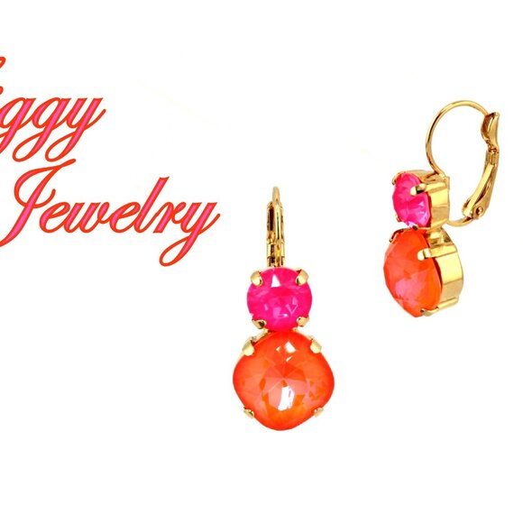 Tropical Blaze Multi Stone Earrings, 12mm Cushion Cut Neon Orange, 8mm Neon Pink - Picture 3 of 6